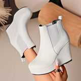 Women Platform Wedge Heel Chelsea Ankle Boots, Elastic Side Slip‑On Faux Leather Solid Color Spring Autumn Casual Short Booties