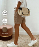 Women's Summer Vintage Modest Linen Casual Drawstring Rolled Hem Shorts,Elastic Waist Textured Fabric Khaki Loose Trousers For Vacation
