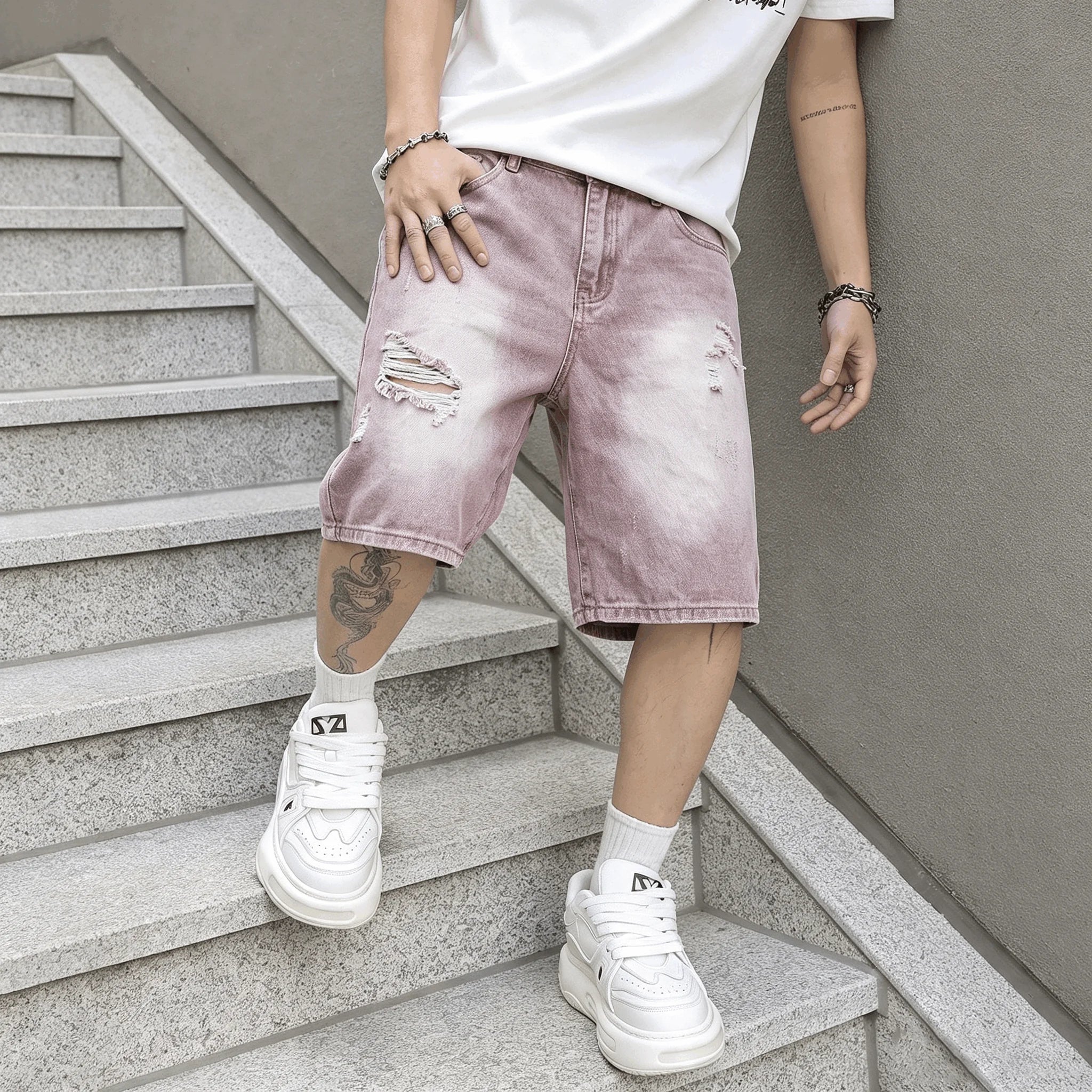 Men Vintage Baggy Distressed Denim Shorts Gradient Wash Ripped Straight High Street Trendy Casual Cargo Summer Jeans Short