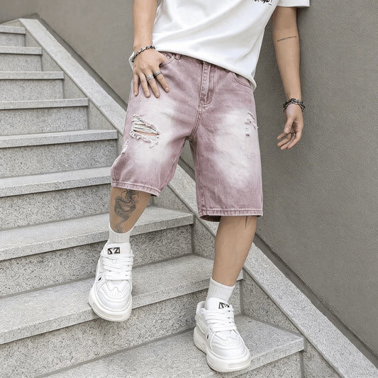 Men Vintage Baggy Distressed Denim Shorts Gradient Wash Ripped Straight High Street Trendy Casual Cargo Summer Jeans Short