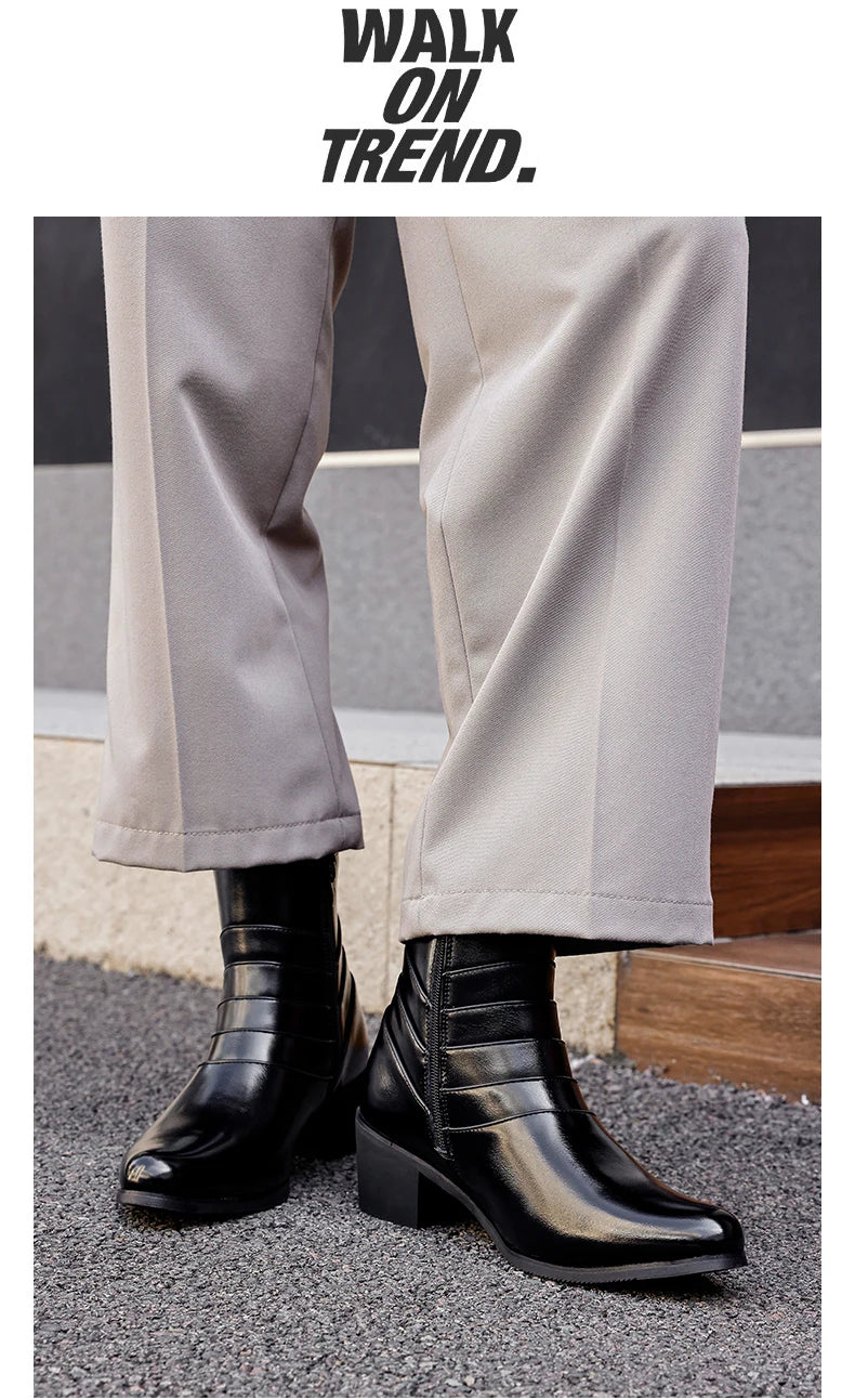 Luxury Men Boots Leather Chelsea Boots High Top Buckle Strap Formal Shoes Black British Style Ankle Boots Pointed Toe Brown Boot
