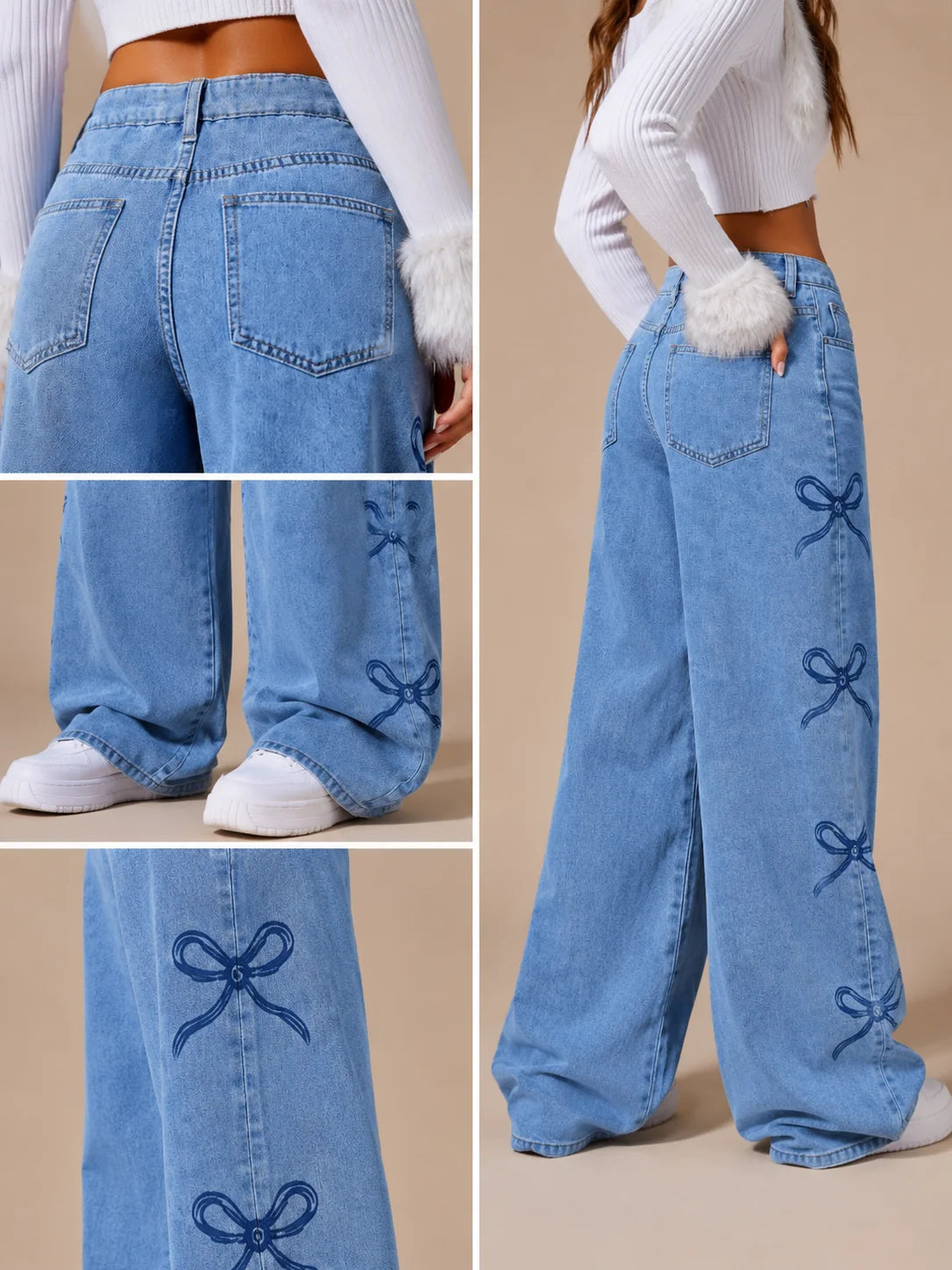 Y2K Bow Embroidery Wide Leg Jeans for Women, High Rise Vintage Light Wash Baggy Denim Trousers Trendy Casual Streetwear Daily Pants