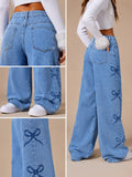 Y2K Bow Embroidery Wide Leg Jeans for Women, High Rise Vintage Light Wash Baggy Denim Trousers Trendy Casual Streetwear Daily Pants