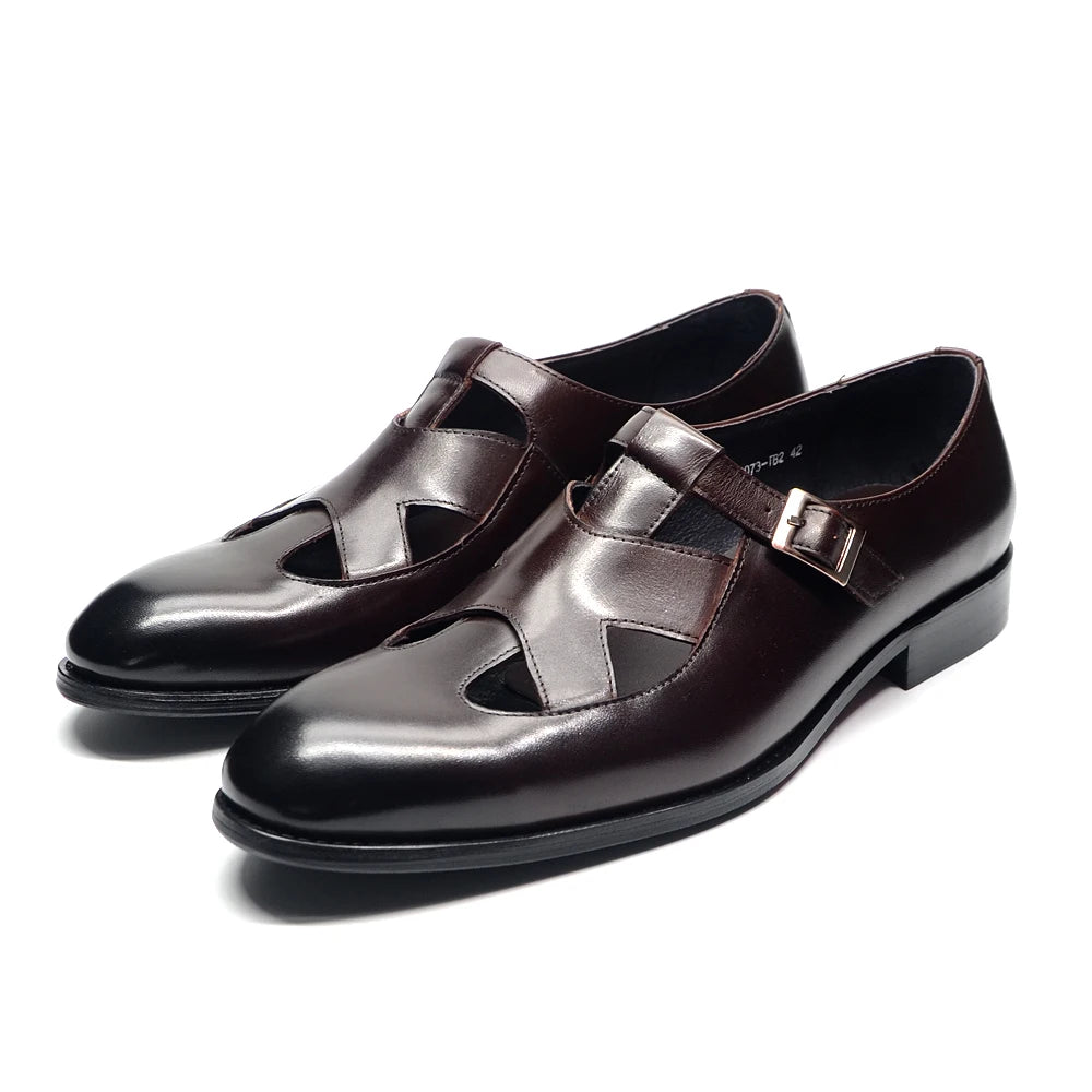 Genuine Leather Mens Classic Summer Dress Sandals Buckle Strap Black Brown Closed Toe Business Party Casual Formal Shoes for Men