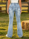 【HME】Jeans | Women Carpenter Pocket Design Denim Pants, High Waist Flare Bootcut Denim Jeans, Light Blue Snow Stone Wash, Tummy Control Butt-Lifting Optimize Waist-Hip Ratio, Flare Hem Lengthen Legs, American Retro Workwe