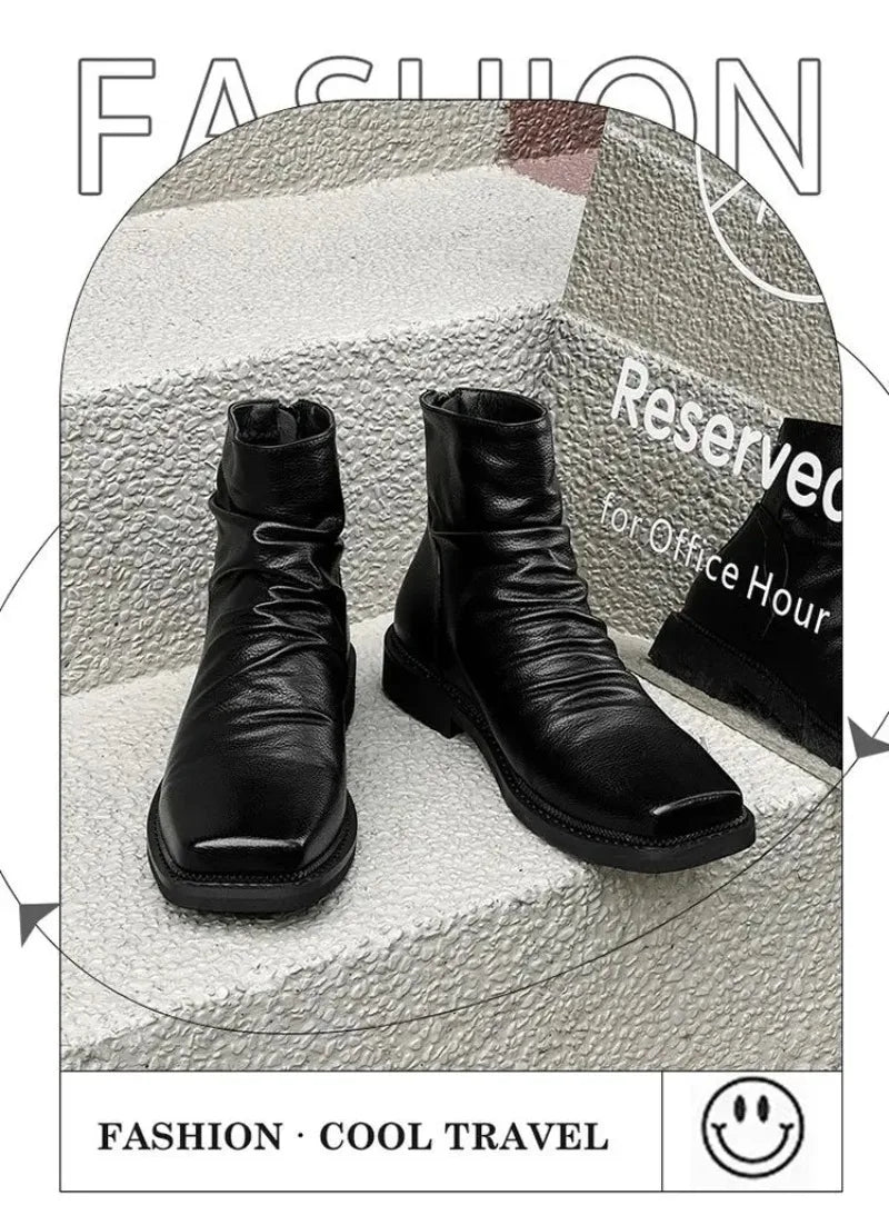 Hot-Selling Leather Boots for Men Fad Square Toe Drape Casual Chelsea Boot British High-end Cool High Top Men Boots Botas Hombre