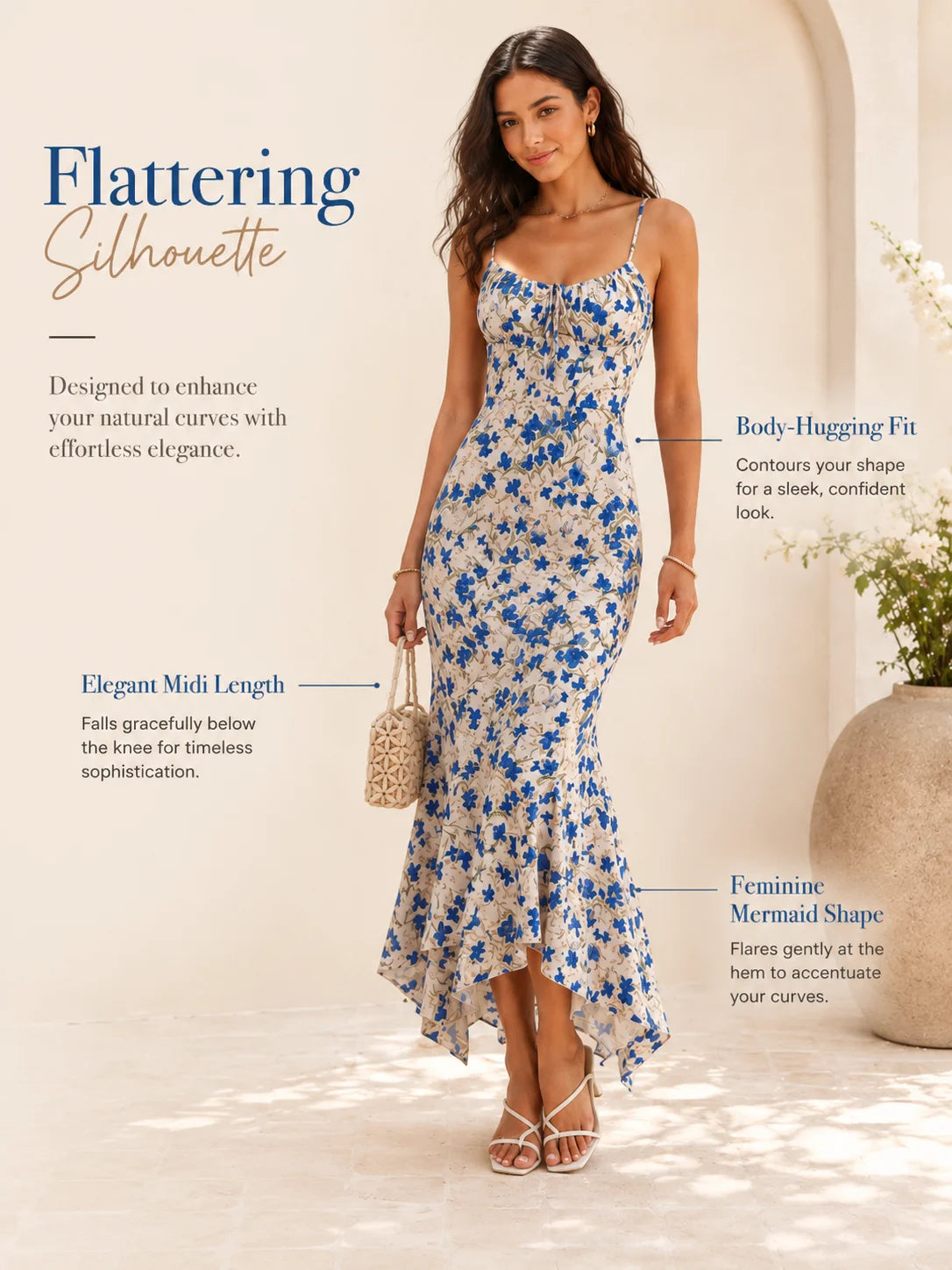 Floral Print Spaghetti Strap Maxi Dress for Women, V Neck Front Drawstring Bodycon Midi Long Dress, Slim Fit Split Hem Summer Beach Vacation Party Sundress