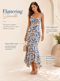 Floral Print Spaghetti Strap Maxi Dress for Women, V Neck Front Drawstring Bodycon Midi Long Dress, Slim Fit Split Hem Summer Beach Vacation Party Sundress
