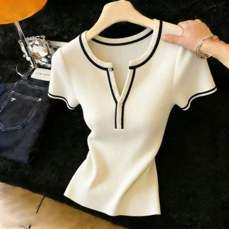 Sweaters O-Neck Knitted Sweater Women Pullovers New Summer Short Sleeve Knit Sweater Pullover Women Tops Sueters De Mujer Q3890