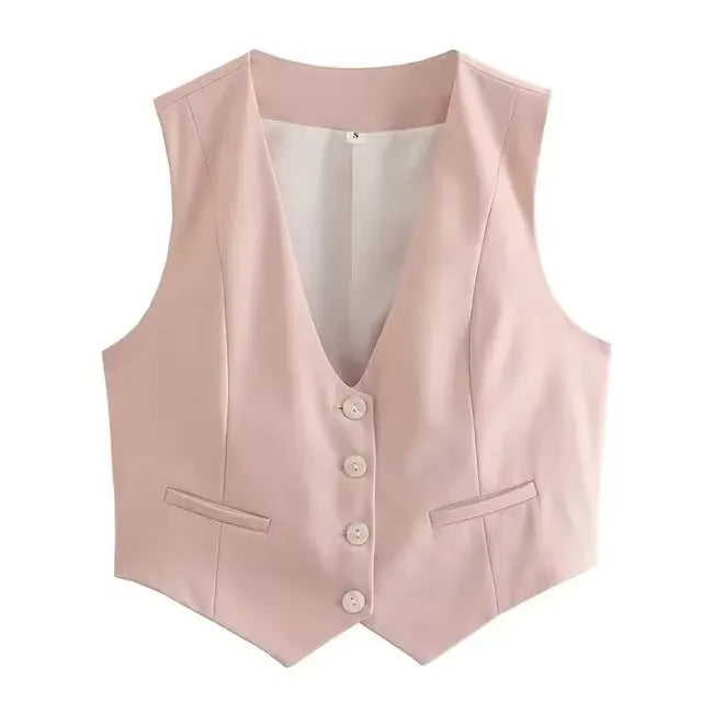 HH Elegant Womens Minimalist Solid Color Suit Vest Fitted Waist V Neck Office Workwear Business Waistcoat Casual Streetwear Tops