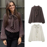 Women's Dots Printed Blouse Shirt Spring Autumn Fashion Long Sleeve Bow Lace-Up Blouse Shirt Lady Elegant High Street Blouses