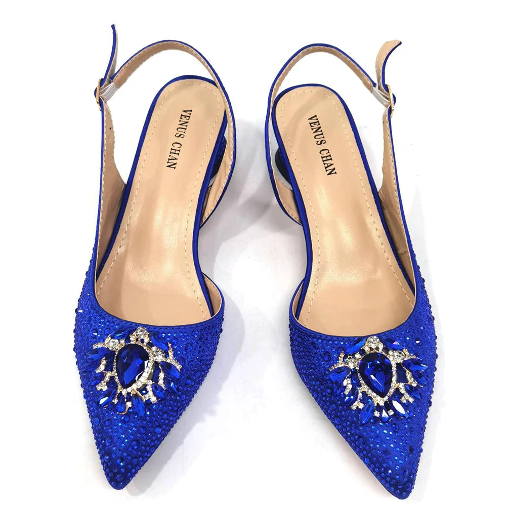 Venus Chan Royal Blue Sandals for Women 2024 Luxury Wedding Pumps Med Heels Rhinestone Design Party Shoes and Bags Set
