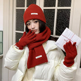 Solid Color Touch Screen Gloves Women Korean Autumn Winter Warm Knitted Three-piece Set Scarves Gloves Hat Women's Glove Sets