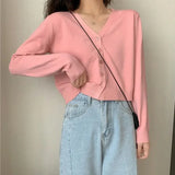 2026 Women Long Sleeve Cropped Cardigan V Neck Button Down Knit Lady Autumn Spring Knitted Single-breasted Cardigan Sweaters
