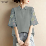 ZANZEA Summer 2026 Women's Elegant Blouses Turn-Down Collar Half-Zip Floral Print 3/4 Sleeves Patchwork Shirts Woman Clothes 3XL