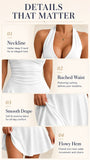 Women's Halter Deep V Neck Mini Dress, Ruched Waist Flared Ruffle Hem Bodycon Dress, Sexy Sleeveless Slim Fit Party Club Short Dress