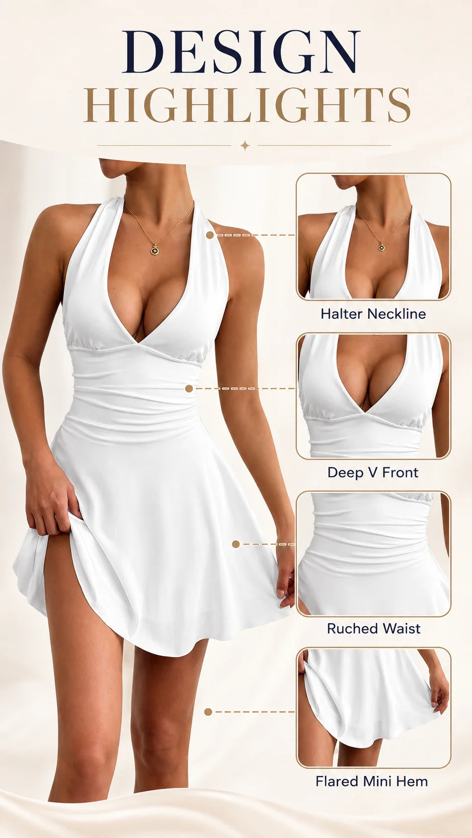Women's Halter Deep V Neck Mini Dress, Ruched Waist Flared Ruffle Hem Bodycon Dress, Sexy Sleeveless Slim Fit Party Club Short Dress