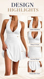 Women's Halter Deep V Neck Mini Dress, Ruched Waist Flared Ruffle Hem Bodycon Dress, Sexy Sleeveless Slim Fit Party Club Short Dress