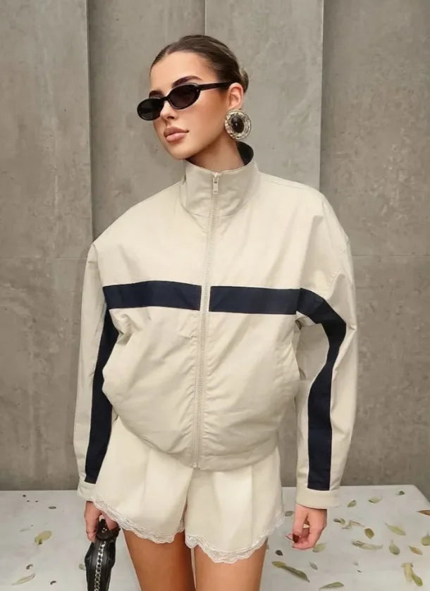 Women's Jackets Beige Black Zip Collar Crop Jacket Lapel Loose Streetwear Spring Autumn Chic Sports Outfits Short Coats 2026 New