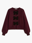 Autumn Winter Sweet Cute Coquette Women Wine Red Sweaters Cardigan Loose Lantern Sleeve Bow Knitted Fashion Female Outerwears