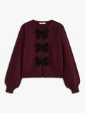 Autumn Winter Sweet Cute Coquette Women Wine Red Sweaters Cardigan Loose Lantern Sleeve Bow Knitted Fashion Female Outerwears