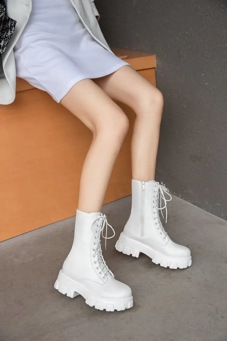 Platform Women's Ankle Boots Autumn 2023 Black White Thick Bottom Motorcycle Botas Mujer Pu Leather Non-Slip Combat Boots Women