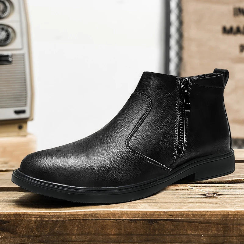Autumn and Winter New High-Top Leather Shoes for Men, Zippered Leather Boots, Fashionable Versatile Business Casual Shoes, Men's Formal Shoes, Chelsea Boots