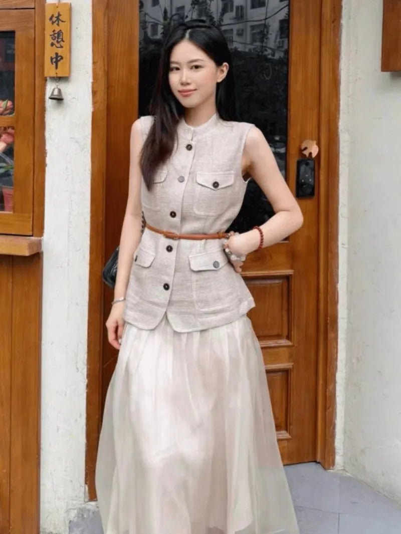 Summer Female Hollow Out O Neck Vest New Women Single Breasted Leisure Vests Fashion Thin Sleeveless Jacket Solid Color Tank Top
