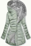 Women Hooded Warm Padded Jacket Fleece Lined Interior Diagonal Zipper Slim Silhouette Mid Length Winter Outer Coat