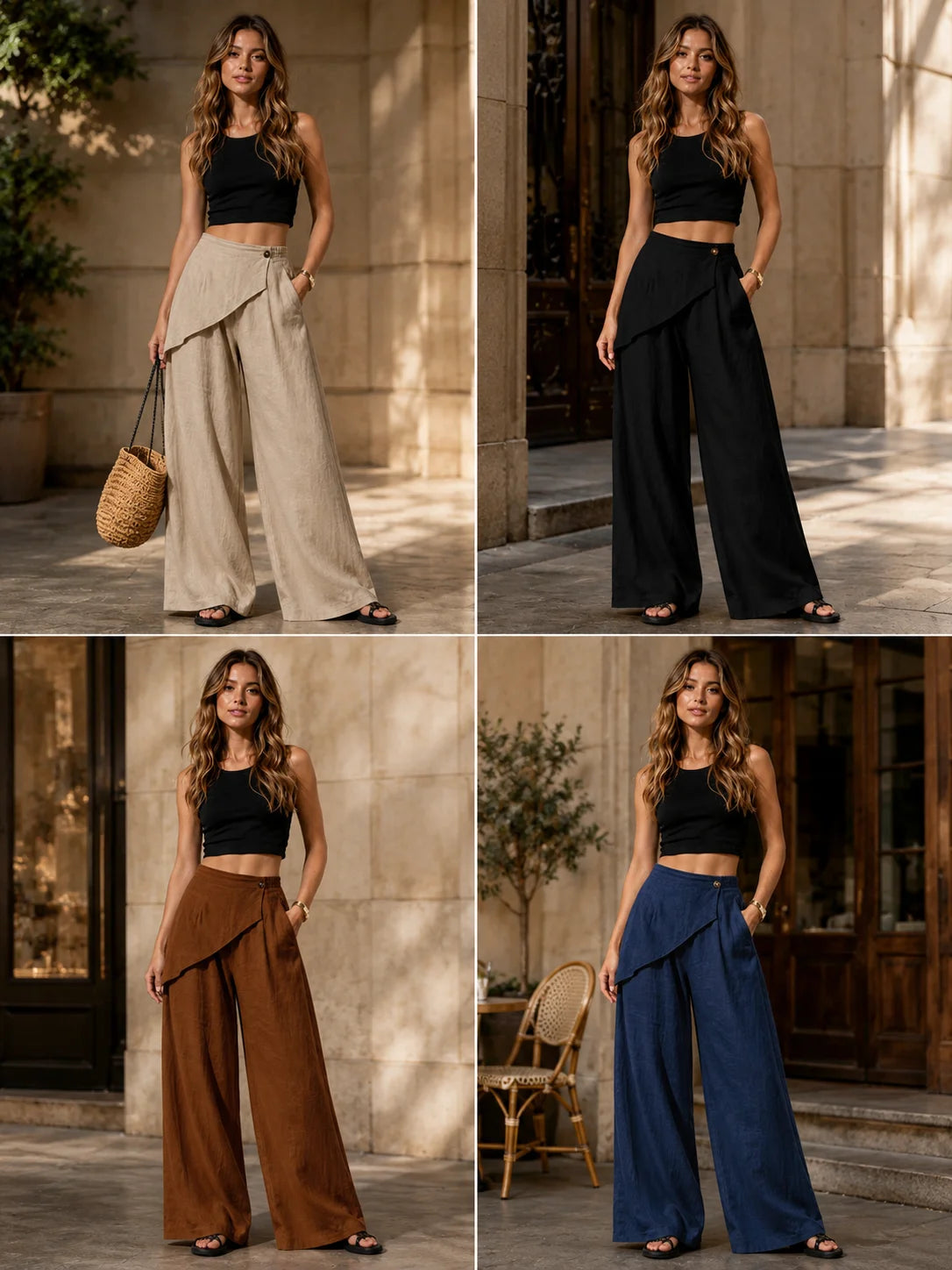 Women Wrap Front Linen Wide Leg Pants, High Waist Elastic Back Waist Culottes with Pockets, Casual Loose Fit Trousers for Summer Beach Daily Streetwear