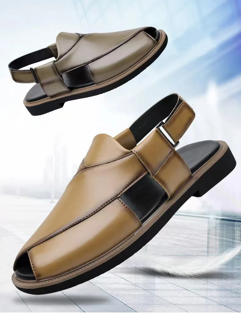 PU Leather Men's Sandals Handmade Stitching Beach Shoes Non Slip Hollow Out Shoes Outdoor Casual Sandaly All-match Man Sandalias