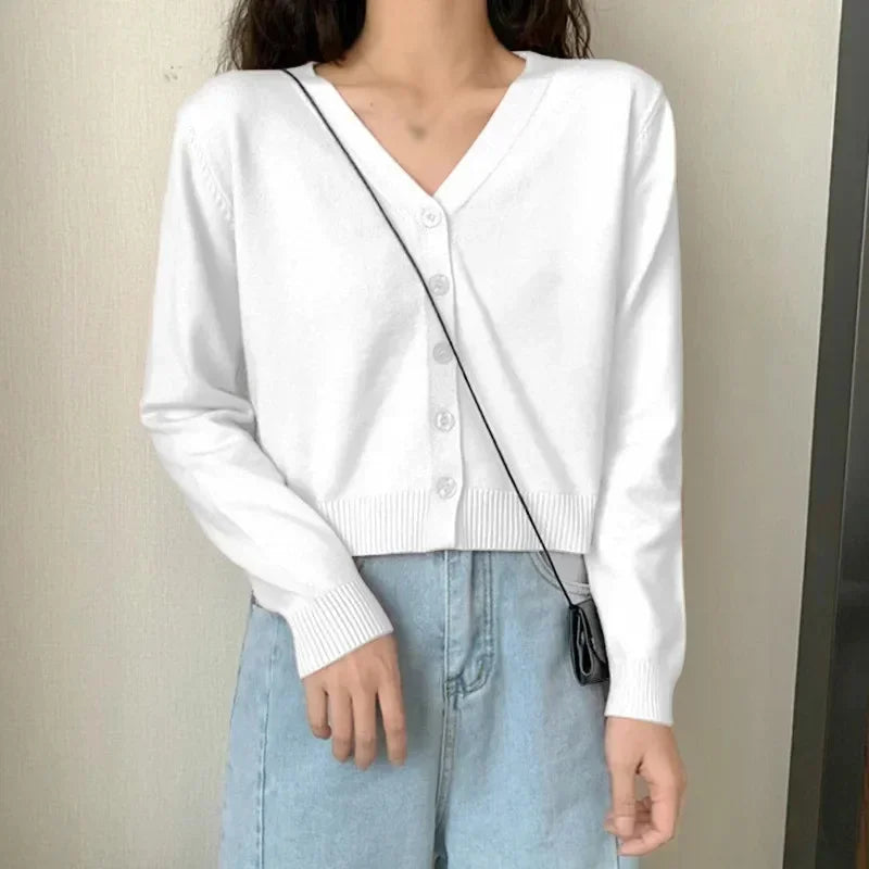 2026 Women Long Sleeve Cropped Cardigan V Neck Button Down Knit Lady Autumn Spring Knitted Single-breasted Cardigan Sweaters
