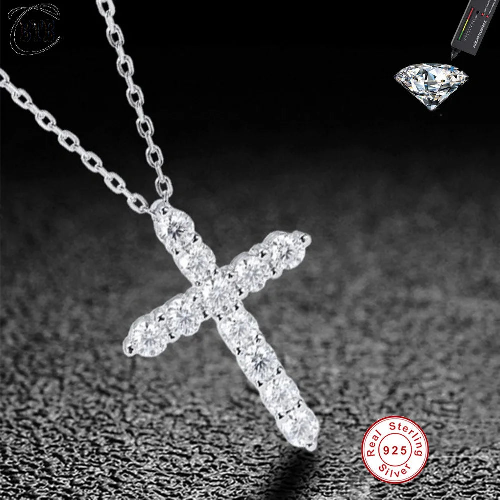 Cbtb S925 Sterling Silver 0.3-0.5 Carat Moissanite Cross Pendant Necklace for Unisex Gemstone Necklace Jewelry US Shipping