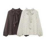 Women's Dots Printed Blouse Shirt Spring Autumn Fashion Long Sleeve Bow Lace-Up Blouse Shirt Lady Elegant High Street Blouses