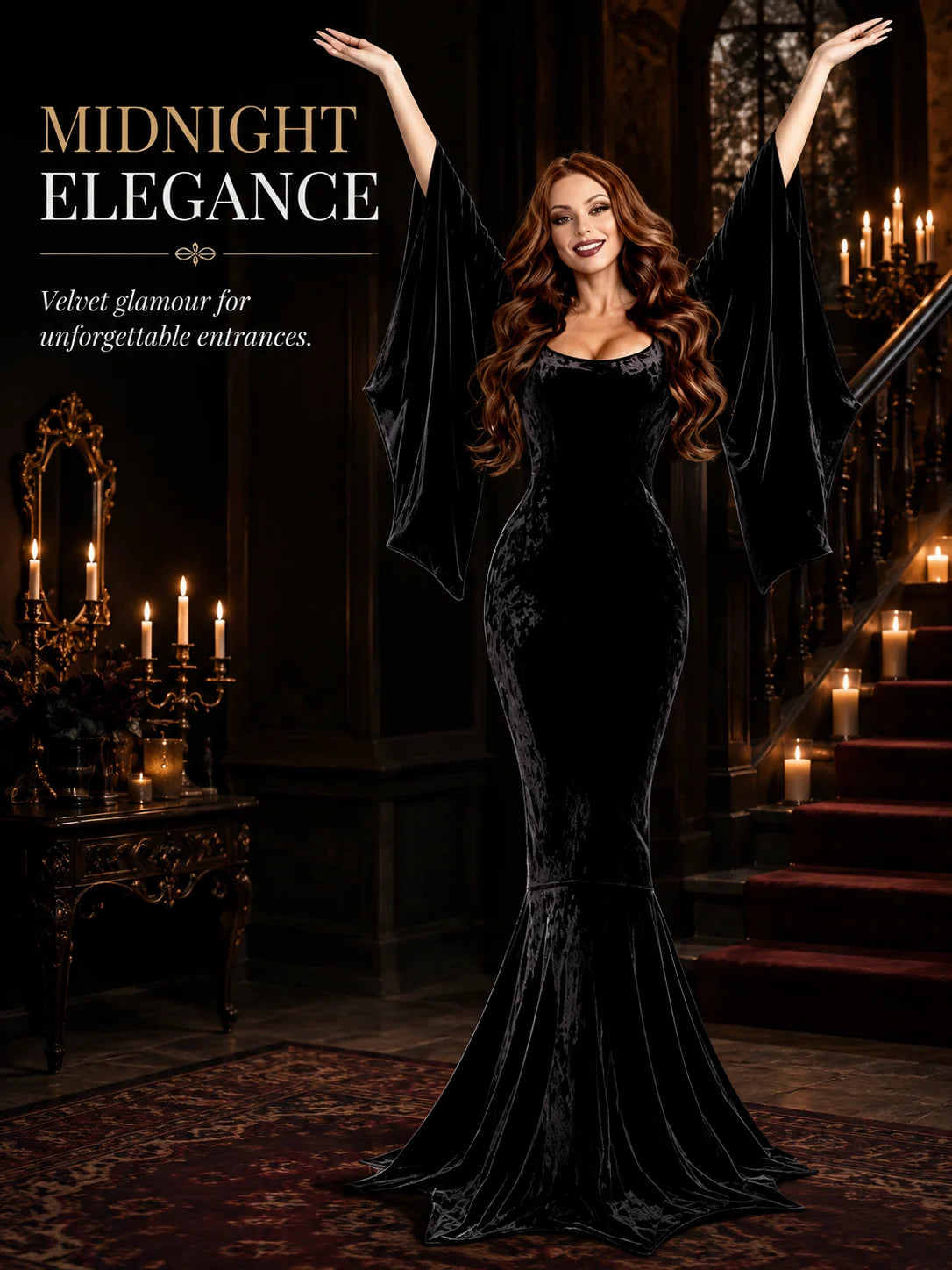 Women Gothic Velvet Mermaid Maxi Dress Bat Flared Long Sleeve Bodycon Gown Dark Witch Vampire Costume Halloween Cosplay Party Outfit