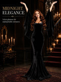 Women Gothic Velvet Mermaid Maxi Dress Bat Flared Long Sleeve Bodycon Gown Dark Witch Vampire Costume Halloween Cosplay Party Outfit