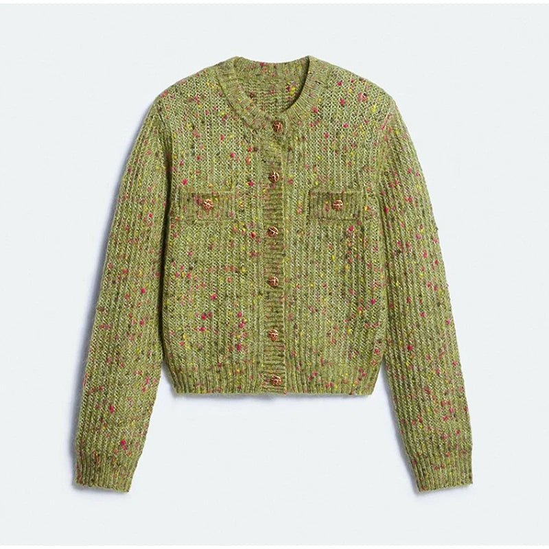 Chic Speckled Knit Cardigan Round Neck Shoulder Pads Long Sleeve Single Breasted Patch Pockets Daily Women Top 2026 Autumn Tops