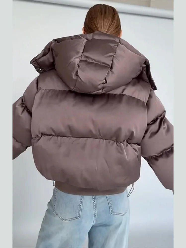 Winter Hooded Jacket Short Top Cropped Drawstring Waist Coat Woman Long Sleeve Warm Quilted Out Jackets Streetwear Lady Clothes