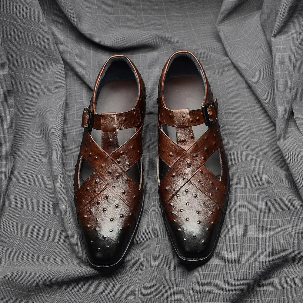 Rome Style Men's Sandals Genuine Cow Leather Summer Buckle Strap Hollow Out Casual Business Wedding Dress Shoes Men Open Shoes