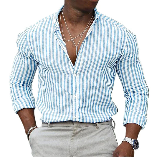 New mens Stripe Shirt Long Sleeve Printing Breathable T Shirts Lapel Basic Shirts for Men Lightweight Hawaiian Shirt  Streetwear