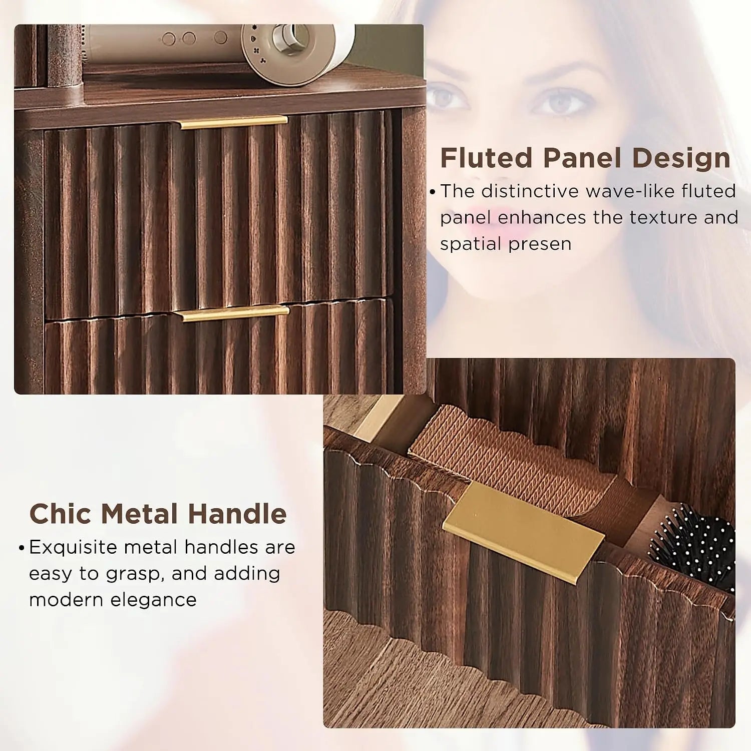 Fluted 48 Inch Makeup Vanity Desk 36 Inch Lighted Mirror Dark Walnut Smart LED Visible Glass Top 5 Drawers Adjustable Storage Sh