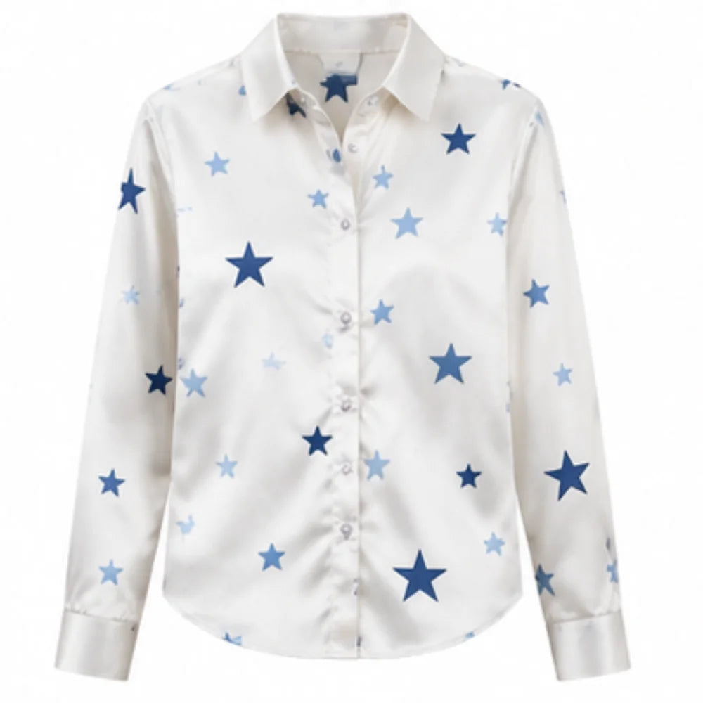 The 2026 Lady's New Fashionable Printed Shirt, with Satin Long Sleeves and Loose Star-Shaped Prints, Has an Elegant Style. It Is Suitable for Wearing in Spring and Autumn, and Is Suitable for Office, Daily Commuting and Casua
