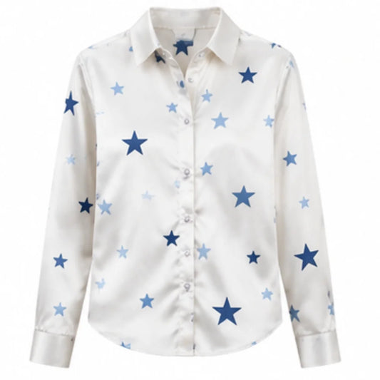 The 2026 Lady's New Fashionable Printed Shirt, with Satin Long Sleeves and Loose Star-Shaped Prints, Has an Elegant Style. It Is Suitable for Wearing in Spring and Autumn, and Is Suitable for Office, Daily Commuting and Casua