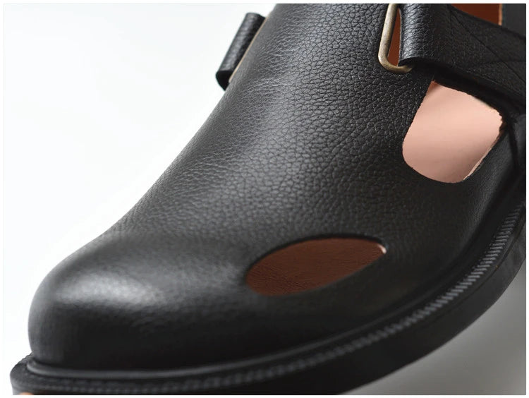 Summer Men's Shoes Flat Full Real Leather Sandal Cowhide Black Casual Old-fashioned Retro Outdoor Men's Sandals Old Man