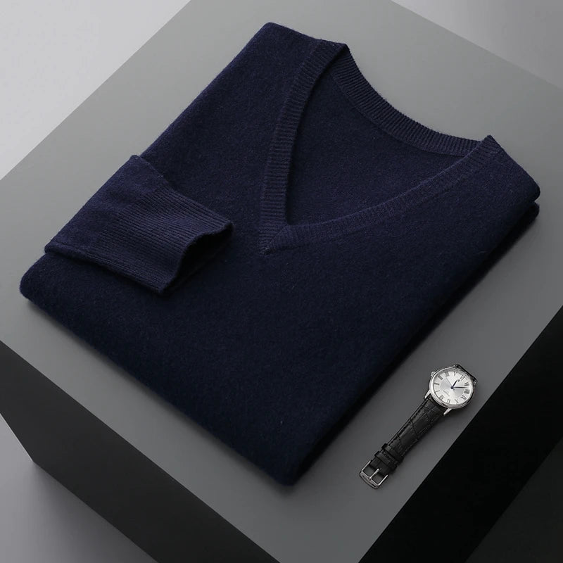 Autumn And Winter New Men's V-Neck Cashmere Loose Thickened Solid Color Wool Knitted Bottoming Shirt Business Casual Sweater