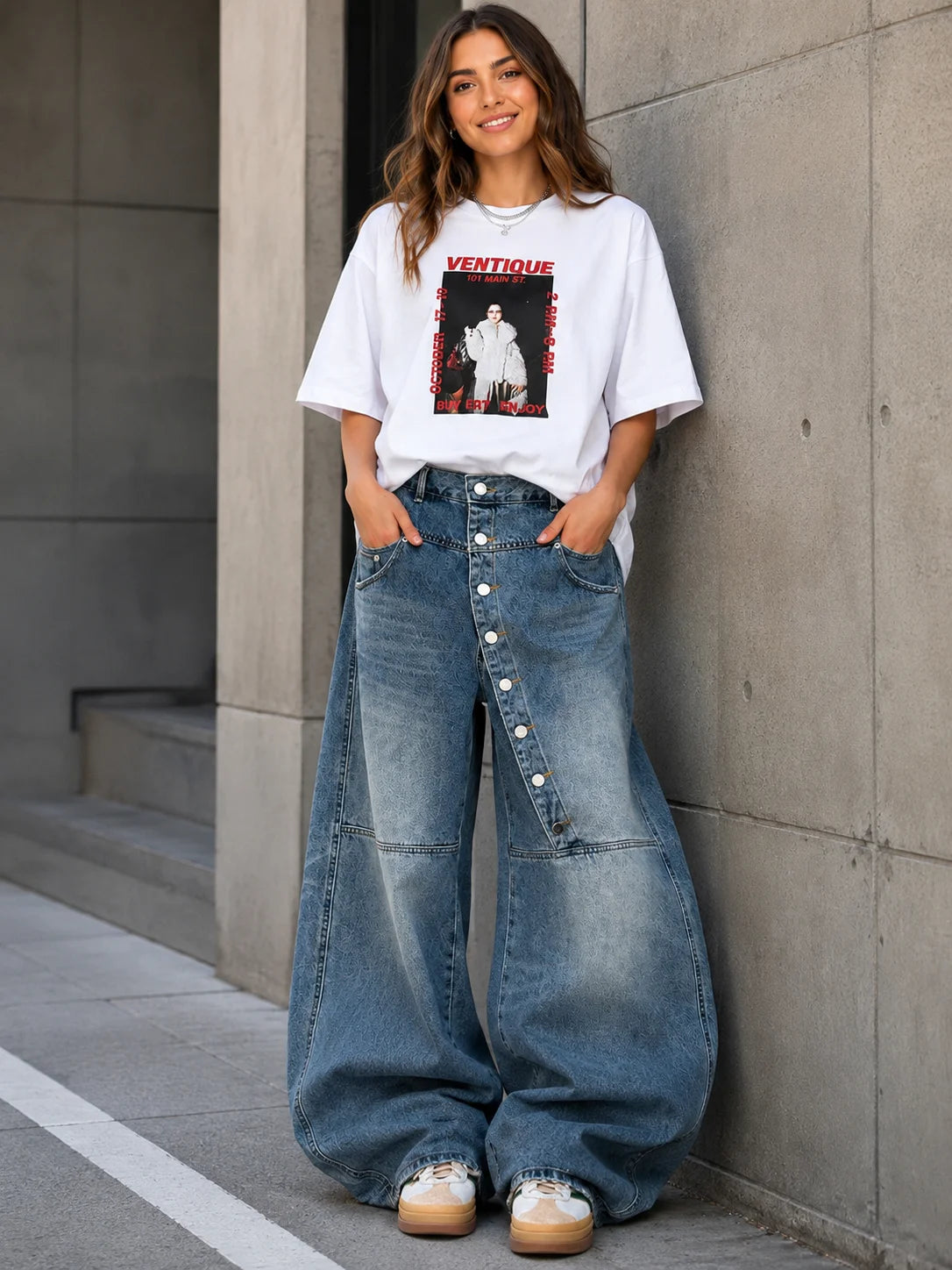 Women's Asymmetric Button Front Baggy Jeans, High Waist Vintage Washed Wide Leg Denim Pants Y2K Streetwear Loose Barrel Jeans for Daily Wear
