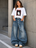 Women's Asymmetric Button Front Baggy Jeans, High Waist Vintage Washed Wide Leg Denim Pants Y2K Streetwear Loose Barrel Jeans for Daily Wear
