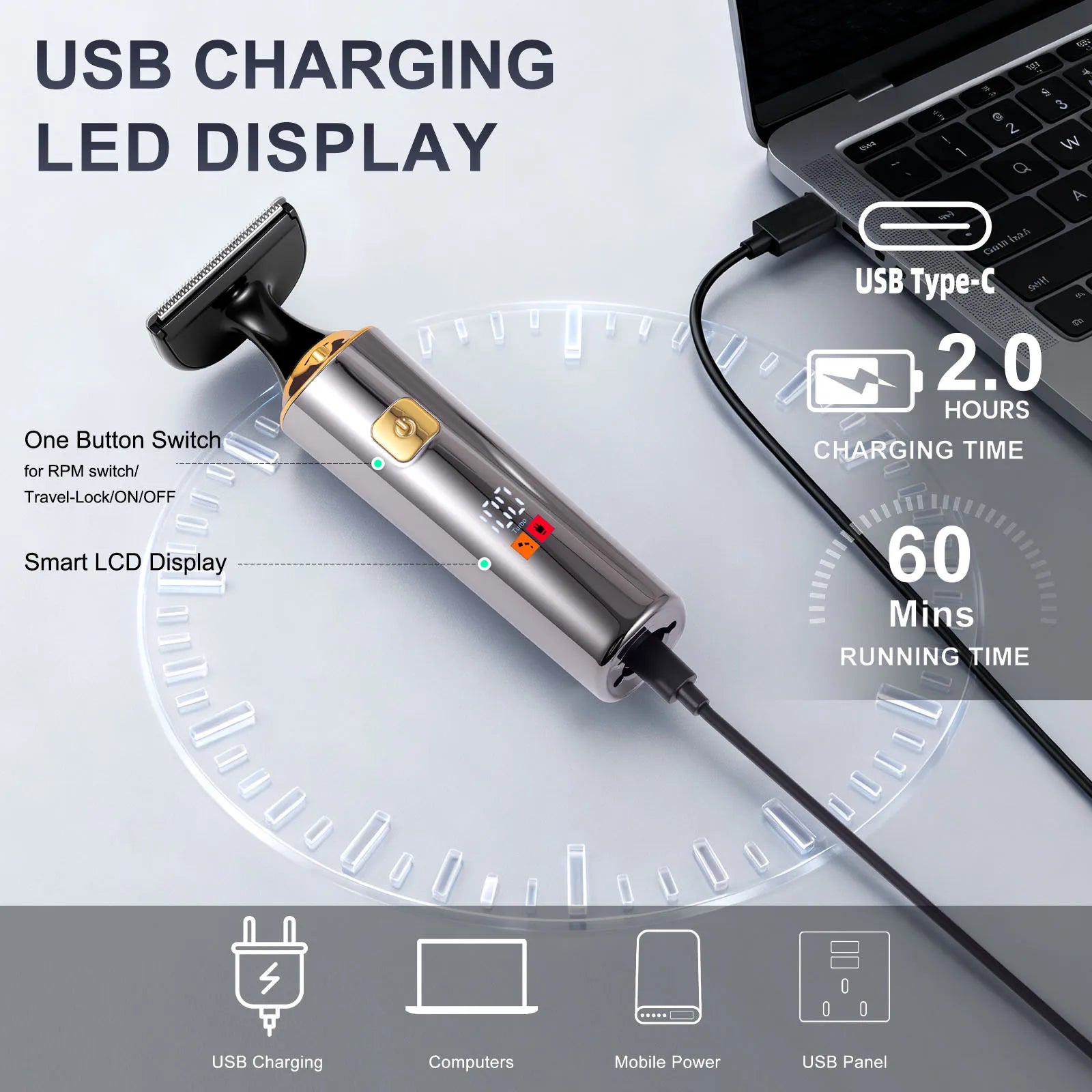 Hatteker Electric Rechargeable Full-Body Hair Trimmer Men's Shaver Grooming Clippers Adjustable Personal Hygiene Hair Removal Device
