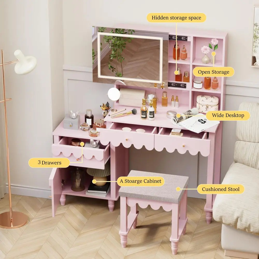 Makeup Vanity Desk With 3 Color Touch Screen Lighted Sliding Mirror, Scalloped Large Vanity Table Set with Storage amp Drawers