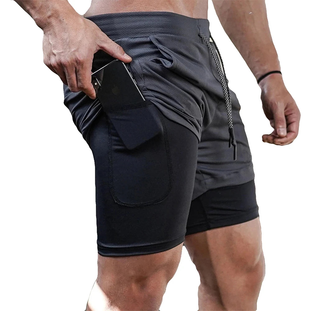 Men's Fitness Training Shorts,Summer Casual Black 2 In 1 Quick Dry Gym Running Shorts Outdoor Slim Quarter Pants